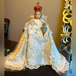Antique Gowned Infant of Prague Large 17” Chalkware Statue Jesus Religiou